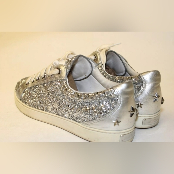 Jimmy Choo Glitter Low Top Trainers Sneakers In Silver Leather Size 39.5 US 9.5 - Picture 7 of 11
